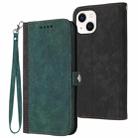 For iPhone 15 Plus Side Buckle Double Fold Hand Strap Leather Phone Case(Dark Green) - 1