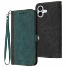 For iPhone 16 Plus Side Buckle Double Fold Hand Strap Leather Phone Case(Dark Green) - 1