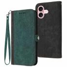 For iPhone 16 Side Buckle Double Fold Hand Strap Leather Phone Case(Dark Green) - 1