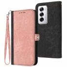 For OPPO Reno12 Global Side Buckle Double Fold Hand Strap Leather Phone Case(Pink) - 1