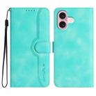 For iPhone 16 Heart Pattern Skin Feel Leather Phone Case(Light Blue) - 1