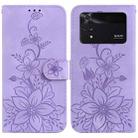 For Xiaomi Poco M4 Pro Lily Embossed Leather Phone Case(Purple) - 1