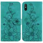 For Xiaomi Redmi 9A Lily Embossed Leather Phone Case(Green) - 1