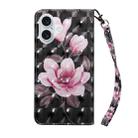 For iPhone 16 Plus 3D Painted Leather Phone Case(Pink Flower) - 3