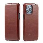 For iPhone 15 Pro Fierre Shann Oil Wax Texture Vertical Flip PU Phone Case(Brown) - 1