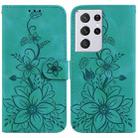 For Samsung Galaxy S21 Ultra 5G Lily Embossed Leather Phone Case(Green) - 1