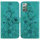 For Samsung Galaxy Note20 Lily Embossed Leather Phone Case(Green) - 1