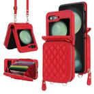 For Samsung Galaxy Z Flip5 Rhombic Texture Card Bag Phone Case with Dual Lanyard(Red) - 1