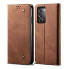 For OPPO Reno12 5G Global Denim Texture Casual Style Horizontal Flip Leather Case(Brown) - 1