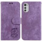 For Motorola Moto E32 Little Tiger Embossed Leather Phone Case(Purple) - 1