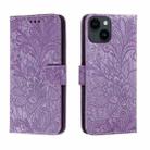 For iPhone 15 Plus Lace Flower Embossing Flip Leather Phone Case(Purple) - 1