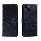 For iPhone 15 Plus Lace Flower Embossing Flip Leather Phone Case(Dark Blue) - 1