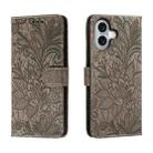 For iPhone 16 Lace Flower Embossing Flip Leather Phone Case(Grey) - 1