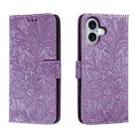 For iPhone 16 Lace Flower Embossing Flip Leather Phone Case(Purple) - 1