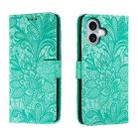 For iPhone 16 Lace Flower Embossing Flip Leather Phone Case(Green) - 1