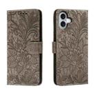 For iPhone 16 Plus Lace Flower Embossing Flip Leather Phone Case(Grey) - 1