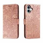 For iPhone 16 Plus Lace Flower Embossing Flip Leather Phone Case(Rose Gold) - 1