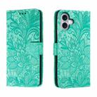 For iPhone 16 Plus Lace Flower Embossing Flip Leather Phone Case(Green) - 1