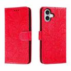 For iPhone 16 Plus Lace Flower Embossing Flip Leather Phone Case(Red) - 1