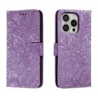 For iPhone 16 Pro Lace Flower Embossing Flip Leather Phone Case(Purple) - 1