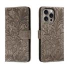 For iPhone 16 Pro Max Lace Flower Embossing Flip Leather Phone Case(Grey) - 1