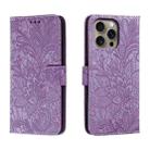 For iPhone 16 Pro Max Lace Flower Embossing Flip Leather Phone Case(Purple) - 1