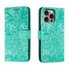 For iPhone 16 Pro Max Lace Flower Embossing Flip Leather Phone Case(Green) - 1