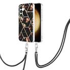 For Samsung Galaxy S24 5G Electroplating Splicing Marble Flower IMD TPU Phone Case with Lanyard(Black Flower) - 1