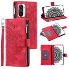 For Xiaomi Redmi K40 Multi-Card Totem Zipper Leather Phone Case(Red) - 1