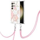 For Samsung Galaxy S24 Ultra 5G Electroplating IMD Splicing Dual-side Marble TPU Phone Case with Lanyard(Pink White) - 1