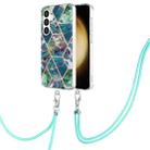 For Samsung Galaxy S24+ 5G Electroplating IMD Splicing Dual-side Marble TPU Phone Case with Lanyard(Blue Green) - 1
