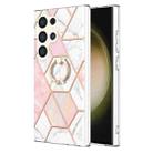 For Samsung Galaxy S24 Ultra 5G Splicing Marble Flower IMD TPU Phone Case Ring Holder(Pink White) - 1