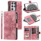 For Samsung Galaxy S21 Ultra 5G Multi-Card Totem Zipper Leather Phone Case(Pink) - 1