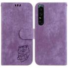 For Sony Xperia 1 IV Little Tiger Embossed Leather Phone Case(Purple) - 1