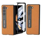 For Samsung Galaxy Z Fold5 ABEEL Integrated Carbon Fiber Texture Protective Phone Case with Holder(Light Brown) - 1