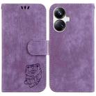 For Realme 10 Pro+ Little Tiger Embossed Leather Phone Case(Purple) - 1