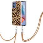 For Motorola Moto G34 Electroplating Dual-side IMD Phone Case with Lanyard(Leopard Print) - 1