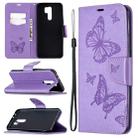 For Xiaomi Redmi 9 Two Butterflies Embossing Pattern Horizontal Flip Leather Case with Holder & Card Slot & Wallet & Lanyard(Purple) - 1