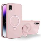 For iPhone XR MagSafe Metal Holder Frosted Translucent Phone Case(Pink) - 1