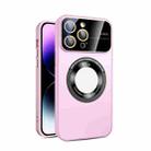 For iPhone 15 Pro Max Large Glass Window Magnetic Magsafe Phone Case with Lens Film(Pink) - 1