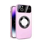 For iPhone 15 Plus Large Glass Window Magnetic Magsafe Phone Case with Lens Film(Pink) - 1