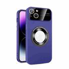 For iPhone 15 Large Glass Window Magnetic Magsafe Phone Case with Lens Film(Dark Purple) - 1