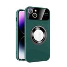 For iPhone 15 Large Glass Window Magnetic Magsafe Phone Case with Lens Film(Green) - 1