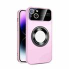 For iPhone 13 Large Glass Window Magnetic Magsafe Phone Case with Lens Film(Pink) - 1