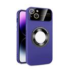 For iPhone 14 Large Glass Window Magnetic Magsafe Phone Case with Lens Film(Dark Purple) - 1