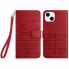 For iPhone 15 Plus Rhombic Texture Leather Phone Case with Lanyard(Red) - 1