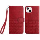 For iPhone 15 Rhombic Texture Leather Phone Case with Lanyard(Red) - 1
