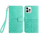 For iPhone 14 Pro Max Rhombic Texture Leather Phone Case with Lanyard(Green) - 1