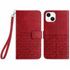 For iPhone 14 Plus Rhombic Texture Leather Phone Case with Lanyard(Red) - 1