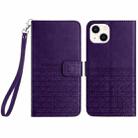 For iPhone 14 Plus Rhombic Texture Leather Phone Case with Lanyard(Purple) - 1